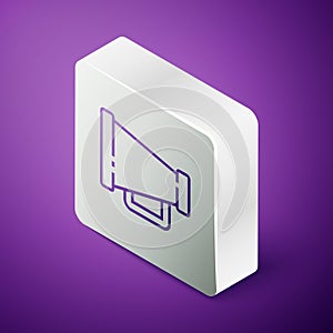 Isometric line Megaphone icon isolated on purple background. Speaker sign. Silver square button