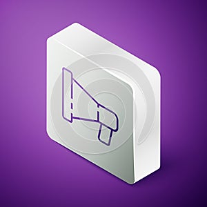 Isometric line Megaphone icon isolated on purple background. Speaker sign. Silver square button