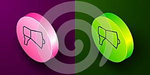 Isometric line Megaphone icon isolated on purple and green background. Speaker sign. Circle button. Vector Illustration