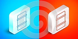 Isometric line Metal beer keg icon isolated on blue and red background. Silver square button. Vector