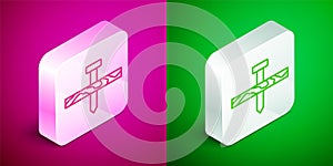 Isometric line Metallic nail and wood plank icon isolated on pink and green background. Silver square button. Vector