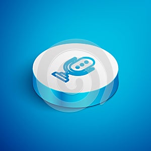 Isometric line Microphone icon isolated on blue background. On air radio mic microphone. Speaker sign. White circle