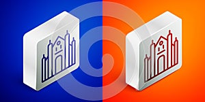 Isometric line Milan Cathedral or Duomo di Milano icon isolated on blue and orange background. Famous landmark of Milan