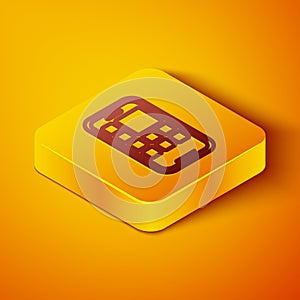 Isometric line Mobile Apps icon isolated on orange background. Smartphone with screen icons, applications. mobile phone