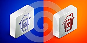 Isometric line Mobile phone with smart home icon isolated on blue and orange background. Remote control. Silver square
