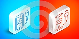 Isometric line Mobile recording icon isolated on blue and red background. Mobile phone with microphone. Voice recorder