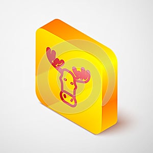 Isometric line Moose head with horns icon isolated on grey background. Yellow square button. Vector
