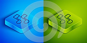 Isometric line Music note, tone icon isolated on blue and green background. Square button. Vector Illustration