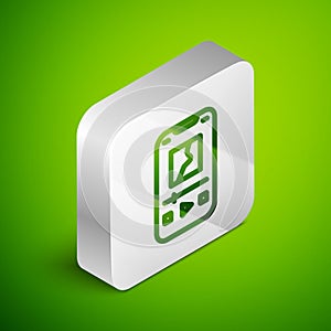 Isometric line Music player icon isolated on green background. Portable music device. Silver square button. Vector