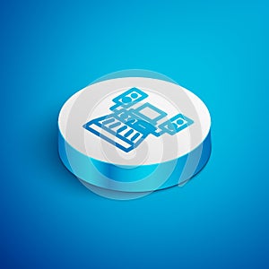 Isometric line Music sound recording studio control room with professional equipment icon isolated on blue background
