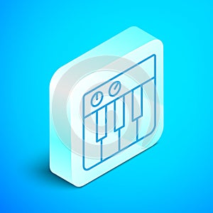 Isometric line Music synthesizer icon isolated on blue background. Electronic piano. Silver square button. Vector