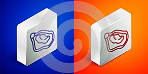 Isometric line Mussel icon isolated on blue and orange background. Fresh delicious seafood. Silver square button. Vector