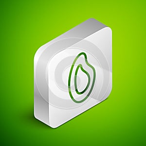 Isometric line Mussel icon isolated on green background. Fresh delicious seafood. Silver square button. Vector.