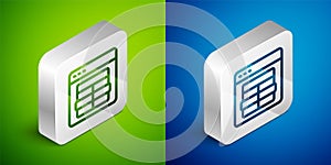 Isometric line MySQL code icon isolated on green and blue background. HTML Code symbol for your web site design. Silver