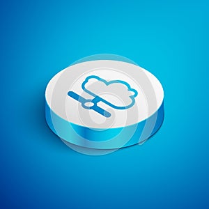 Isometric line Network cloud connection icon isolated on blue background. Social technology. Cloud computing concept