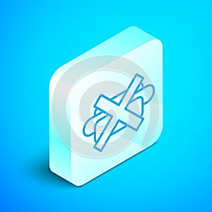 Isometric line No junk food icon isolated on blue background. Prohibited hot dog. No Fast food sign. Silver square