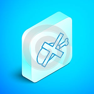 Isometric line No meat icon isolated on blue background. No fast food allowed - vegetarian food. Silver square button