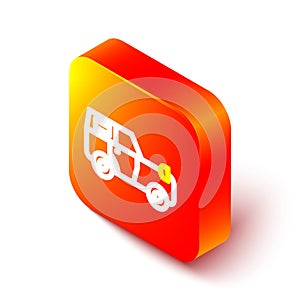 Isometric line Off road car icon isolated on white background. Jeep sign. Orange square button. Vector