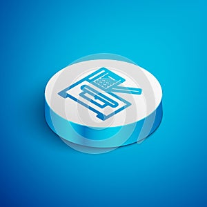 Isometric line Office multifunction printer copy machine icon isolated on blue background. White circle button. Vector