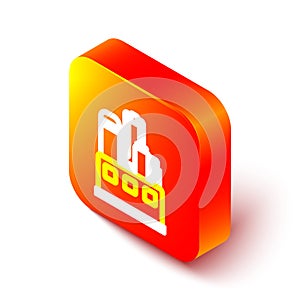 Isometric line Oil and gas industrial factory building icon isolated on white background. Orange square button. Vector