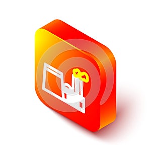 Isometric line Oil and gas industrial factory building icon isolated on white background. Orange square button. Vector
