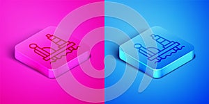 Isometric line Oil platform in the sea icon isolated on pink and blue background. Drilling rig at sea. Oil platform, gas