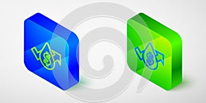 Isometric line Oil price increase icon isolated on grey background. Oil industry crisis concept. Blue and green square