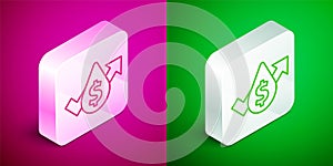 Isometric line Oil price increase icon isolated on pink and green background. Oil industry crisis concept. Silver square