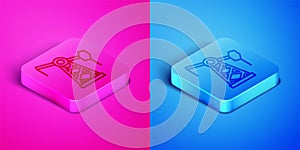 Isometric line Oil pump or pump jack icon isolated on pink and blue background. Oil rig. Square button. Vector