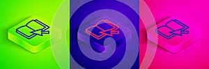 Isometric line Online book icon isolated on green, blue and pink background. Internet education concept, e-learning