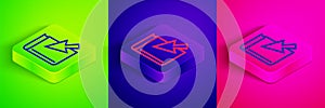 Isometric line Online book icon isolated on green, blue and pink background. Internet education concept, e-learning