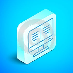 Isometric line Online book on monitor icon isolated on blue background. Internet education concept, e-learning resources