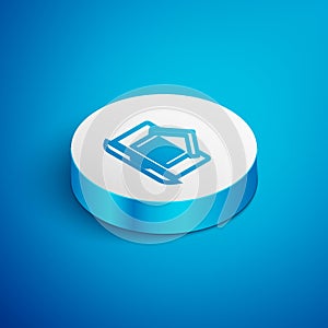 Isometric line Online real estate house on laptop icon isolated on blue background. Home loan concept, rent, buy, buying