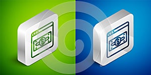 Isometric line Online shopping on screen icon isolated on green and blue background. Concept e-commerce, e-business