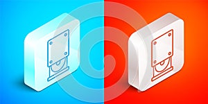 Isometric line Optical disc drive icon isolated on blue and red background. CD DVD laptop tray drive for read and write