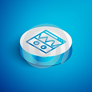 Isometric line Oscilloscope measurement signal wave icon isolated on blue background. White circle button. Vector