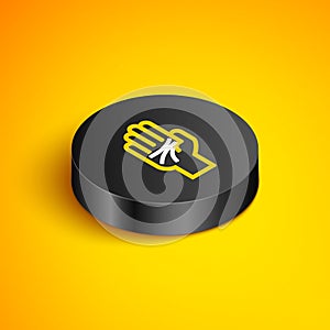 Isometric line Palmistry of the hand icon isolated on yellow background. Black circle button. Vector