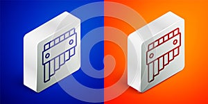 Isometric line Pan flute icon isolated on blue and orange background. Traditional peruvian musical instrument. Folk