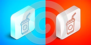 Isometric line Paper glass with drinking straw and water icon isolated on blue and red background. Soda drink glass