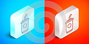 Isometric line Paper glass with drinking straw and water icon isolated on blue and red background. Soda drink glass