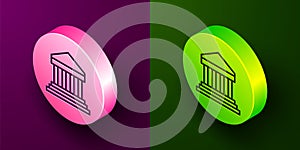 Isometric line Parthenon from Athens, Acropolis, Greece icon isolated on purple and green background. Greek ancient