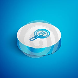 Isometric line Paw search icon isolated on blue background. Magnifying glass with animal footprints. White circle button