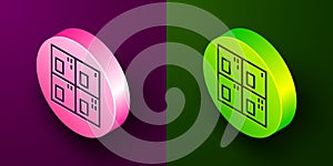 Isometric line Periodic table of the elements icon isolated on purple and green background. Circle button. Vector