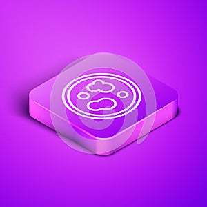 Isometric line Petri dish with bacteria icon isolated on purple background. Purple square button. Vector Illustration