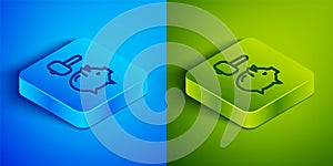 Isometric line Piggy bank and hammer icon isolated on blue and green background. Icon saving or accumulation of money