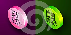 Isometric line Pills in blister pack icon isolated on purple and green background. Medical drug package for tablet