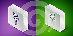 Isometric line Pinwheel toy icon isolated on purple and green background. Windmill toy icon. Silver square button