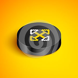 Isometric line Pixel arrows in four directions icon isolated on yellow background. Cursor move sign. Black circle button