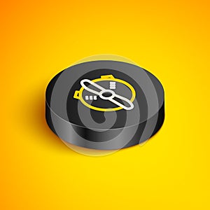 Isometric line Plane propeller icon isolated on yellow background. Vintage aircraft propeller. Black circle button