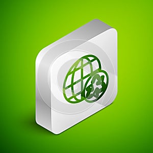 Isometric line Planet earth and a recycling icon isolated on green background. Environmental concept. Silver square